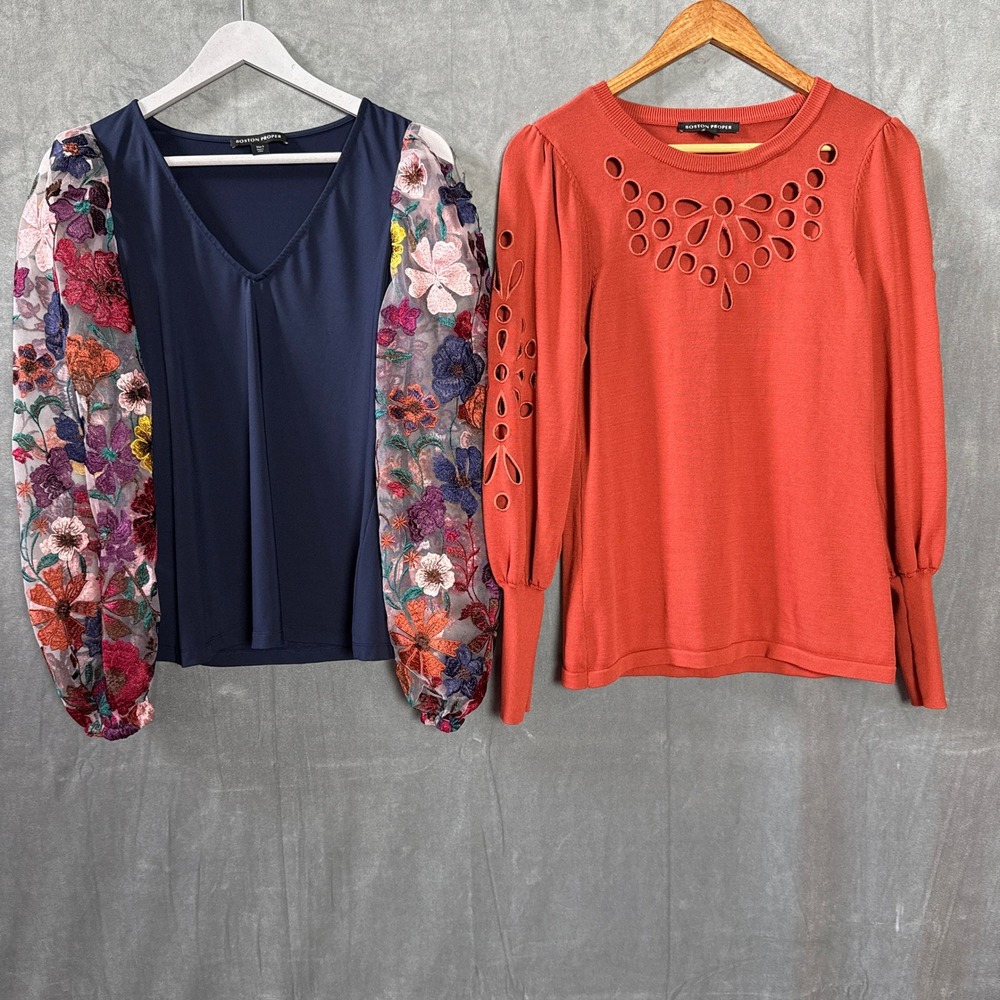 Boston Proper Bundle‎ 2 Tops S Navy Floral Embroidered Balloon Orange Cutout